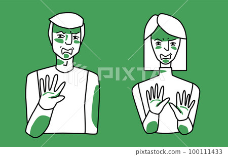 Man and woman with emotion of disgust, green and white, antipathy reaction, cover themselves with hands. Sketch style. Man and woman with emotion of disgust, green and white, antipathy reaction, cover themselves with hands. Sketch style. 100111433