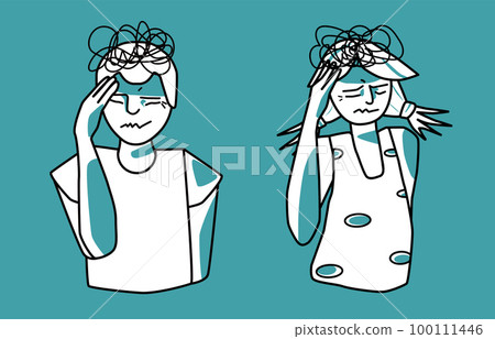 Stress emotion of boy and girl, mint and white color, stressed teenagers cover their heads with their hands. Anxiety of brother and sister. Stress emotion of boy and girl, mint and white color, stressed teenagers cover their heads with their hands. Anxiety of brother and sister. 100111446