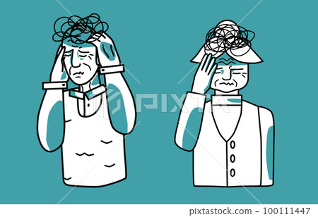 Stressed elderly man and woman, mint and white, holding a hand on a head, closed eyes. Stress mood of grandfather and grandmother, line art, half body hand drawn sketch style. Stressed elderly man and woman, mint and white, holding a hand on a head, closed eyes. Stress mood of grandfather and grandmother, line art, half body hand drawn sketch style. 100111447