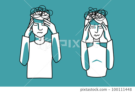 Stressed man and woman, mint and white, holding hands on a head, closed eyes. Stress emotion of husband and wife, line art, half body hand drawn sketch style. 100111448
