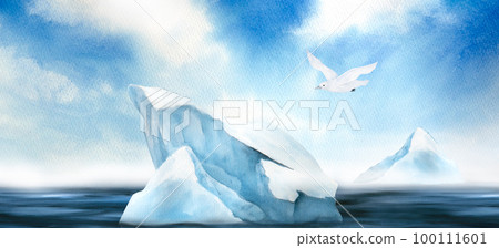 watercolor illustration of north sea landscape, blue sky, iceberg, seagull watercolor illustration of north sea landscape, blue sky, iceberg, seagull 100111601