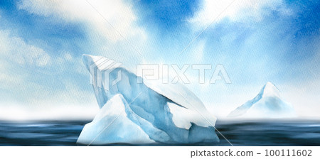 watercolor illustration of north sea landscape, blue sky, iceberg watercolor illustration of north sea landscape, blue sky, iceberg 100111602