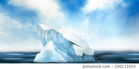 watercolor illustration of north sea landscape, blue sky, iceberg 100111603