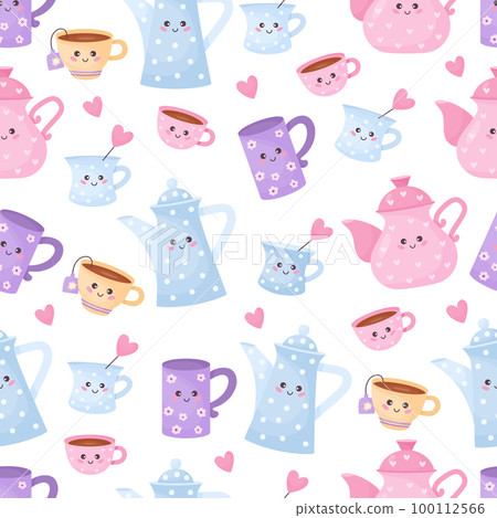 Seamless pattern with cute characters cups and teapots on white background. Vector illustration. Endless background with funny tableware. 100112566