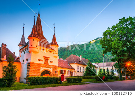 Brasov, Romania. Catherine's Gate, medieval city walls, Transylvania travel landmark. 100112710