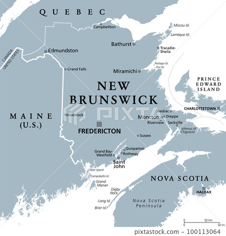 New Brunswick, Maritime and Atlantic province of Canada, gray political map. Bordering to Quebec, Nova Scotia, Gulf of St Lawrence, Bay of Fundy and the U.S. state Maine. With capital Fredericton. 100113064