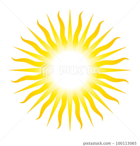 Sun symbol with thirty two rays, analogue to the Sun of May, national emblem of Argentina and Uruguay. Radiant golden yellow solar disk with 16 straight and 16 wavy rays, isolated on white background. 100113065