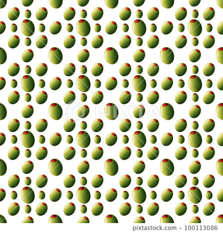 Seamless Pattern with Red Pepper Stuffed Green Olives Isolated on White Seamless Pattern with Red Pepper Stuffed Green Olives Isolated on White 100113086