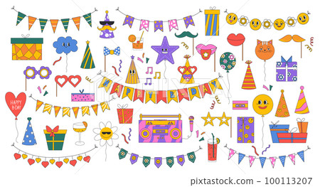Set of birthday party design elements. Holiday hats, gifts, flags, glasses, confetti, cocktails, balloons and a tape recorder. Birthday party in retro style. Set of birthday party design elements. Holiday hats, gifts, flags, glasses, confetti, cocktails, balloons and a tape recorder. Birthday party in retro style. 100113207