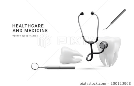 3d realistic teeth with medical equipment isolated on white background. Oral health and dental inspection teeth. Concept of diagnostics. Vector illustration 100113968