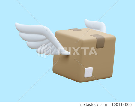 3d realistic parcel with wings isolated on blue background. Cardboard boxes for delivery service concept in cartoon style. Vector illustration 100114006