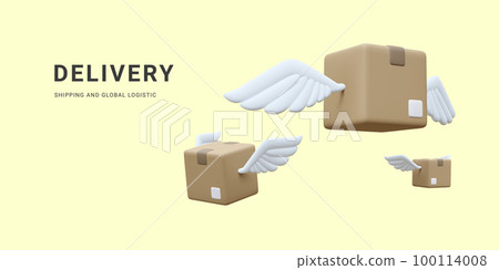 3d realistic flying cardboard boxes with wings. Parcel fast delivery service concept in cartoon style. Vector illustration 3d realistic flying cardboard boxes with wings. Parcel fast delivery service concept in cartoon style. Vector illustration 100114008