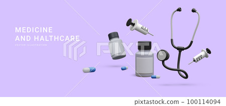 3d realistic stethoscope, pill boxes and syringe isolated on light background. Vector illustration 3d realistic stethoscope, pill boxes and syringe isolated on light background. Vector illustration 100114094