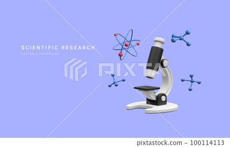 3d realistic banner with microscope, molecules and atom isolated on blue background. Medicine, biology, chemistry and science concept in cartoon style. Vector illustration 100114113