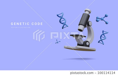 3d realistic banner with microscope, molecules and dna isolated on blue background. Medicine, biology, chemistry and science concept in cartoon style. Vector illustration 100114114