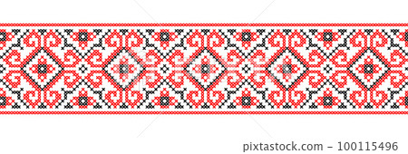 Ukrainian vector ornament, seamless border. Ukrainian folk, ethnic geometric embroidery. Ornament in red and black colors. Pixel art, vyshyvanka, cross stitch Ukrainian vector ornament, seamless border. Ukrainian folk, ethnic geometric embroidery. Ornament in red and black colors. Pixel art, vyshyvanka, cross stitch 100115496