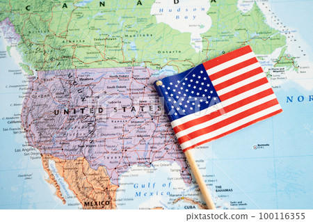 Bangkok, Thailand February 7, 2022, USA America flag on world map background. 100116355