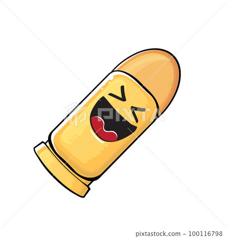 Bullet character. Cartoon funny orange bullet character isolated on white background. Funky bullet character with eyes and mouth. Vector gun shot clip art, emoji, label and sticker 100116798