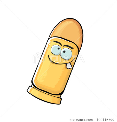 Bullet character. Cartoon funny orange bullet character isolated on white background. Funky bullet character with eyes and mouth. Vector gun shot clip art, emoji, label and sticker 100116799