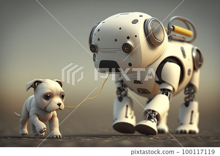 The robot walks with the dog. Generative AI. 100117119
