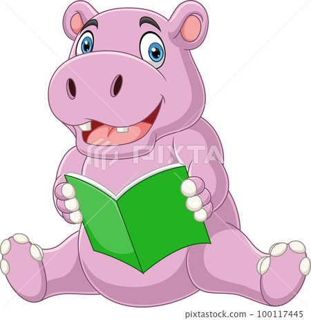 Cartoon hippo reading a book 100117445