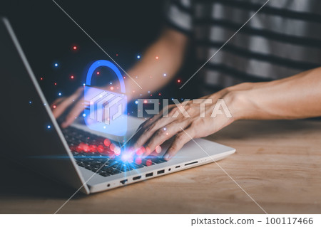 Username and password (Login) with biometric identification fingerprint scanner, encryption for technology cyber security internet and networking system. Businessman hand typing notebook (Laptop). 100117466