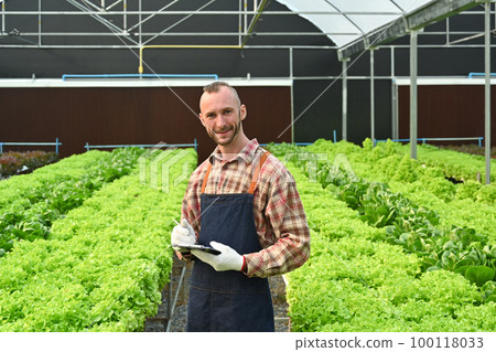 Agribusiness owner standing among his commercial greenhouse and using digital tablet. Agricultural and technology concept Agribusiness owner standing among his commercial greenhouse and using digital tablet. Agricultural and technology concept 100118033