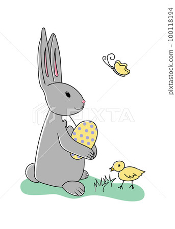 Grey easter rabbit with egg, butterfly and chick Grey easter rabbit with egg, butterfly and chick 100118194