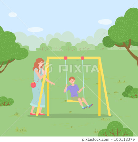 Family outdoor recreational activity, child spending time at playground with mom, kid have fun 100118379