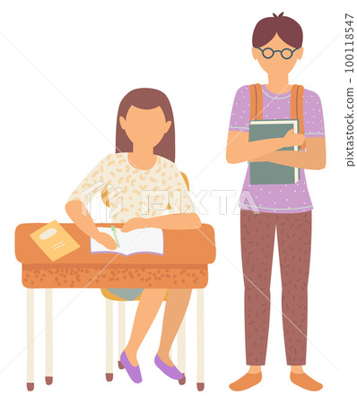 Classmates in School Girl by Desk Boy with Book Classmates in School Girl by Desk Boy with Book 100118547