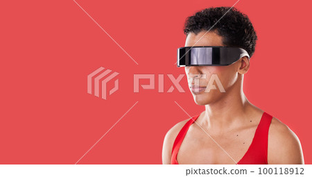 Metaverse, vr glasses and black man with mockup for ai futuristic scifi and 3d gaming technology. Person profile on red background for cyberpunk, sci fi and augmented reality for cyber world ux space 100118912