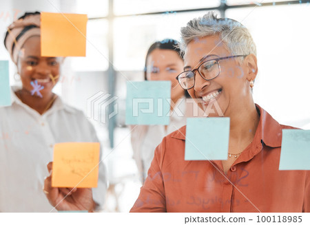 Planning, meeting or happy CEO writing a marketing strategy, advertising plan or branding ideas. Sticky notes, senior woman or manager working on a global startup project with creative employees 100118985