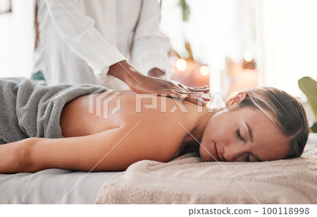 Hands, back massage with masseuse, women at holistic center or spa with wellness, physical therapy and zen. Health, peace of mind and face with stress relief, self care and lifestyle with healing Hands, back massage with masseuse, women at holistic center or spa with wellness, physical therapy and zen. Health, peace of mind and face with stress relief, self care and lifestyle with healing 100118998