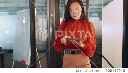 Business, leadership and Asian woman in office, working with team on laptop, tablet and computer in workplace. Success, teamwork and female worker walking, meeting and planning for digital marketing Business, leadership and Asian woman in office, working with team on laptop, tablet and computer in workplace. Success, teamwork and female worker walking, meeting and planning for digital marketing 100119040