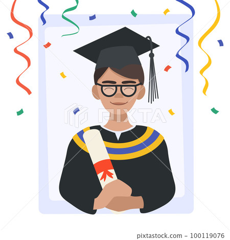 Student in a graduation gown and cap. Male student holds a diploma and celebrates graduation. Vector illustration in flat style.  100119076