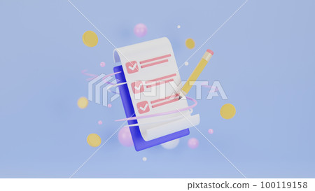Clipboard and pencil on blue background. Notepad icon. Clipboard task management todo check list, work project plan concept, fast checklist, productivity checklist. 3d rendering 100119158