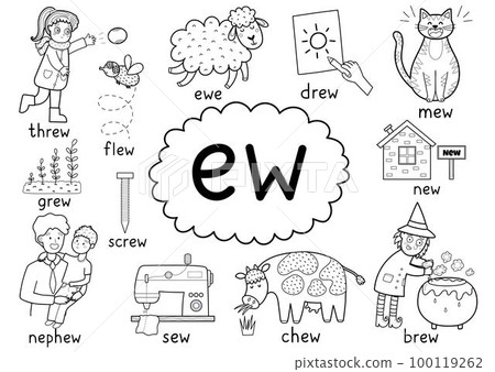-Ew- digraph spelling rule black and white educational poster for kids with words 100119262