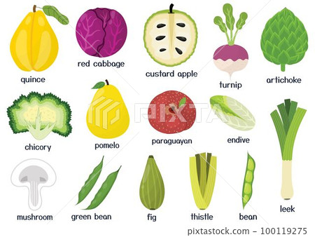 Fruits and vegetables set. Collection of healthy food isolated elements in cartoon style Fruits and vegetables set. Collection of healthy food isolated elements in cartoon style 100119275