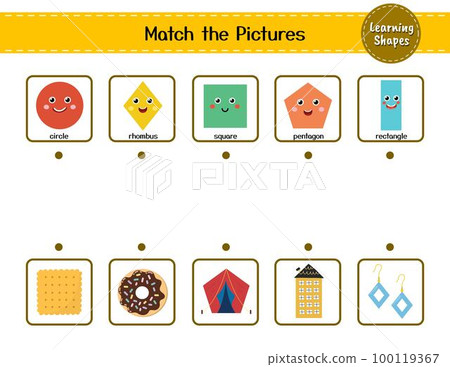 Match the shapes with objects activity page for kids. Learning shapes matching game 100119367