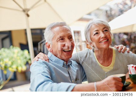 The golden years are going great. Shot of a senior couple having coffee at a cafe. 100119456