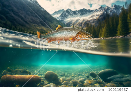 Rainbow trout swims in the water column in a mountain river. Wild fish fishing concept. Generative AI illustration Rainbow trout swims in the water column in a mountain river. Wild fish fishing concept. Generative AI illustration 100119487