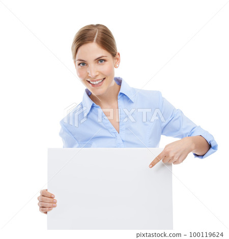 Put it right there. Studio shot of a young businesswoman holding a blank sign isolated on white. 100119624