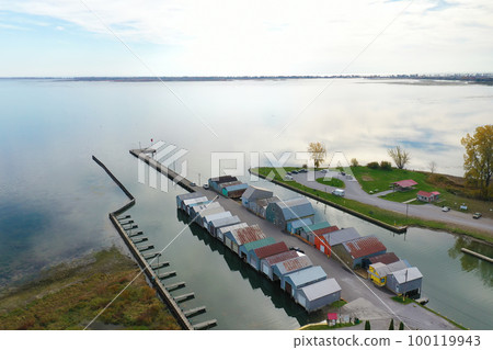 Aerial view of Port Rowan, Ontario, Canada in fall 100119943