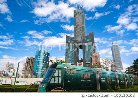 Taiwan Kaohsiung city skyline and light rail 100120108