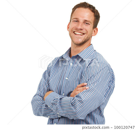 Im your man. Proud, happy and confident portrait of businessman with arms crossed and cheerful mindset with smile for advertising. Happiness of handsome worker at white studio background with mockup. 100120747