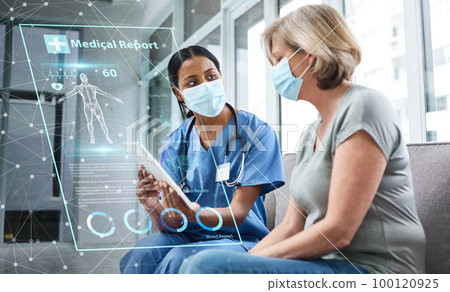 Doctor, patient and tablet with future technology and health, digital medical report and women in face mask with Covid. Anatomy, hologram and 3D with healthcare, consultation and overlay in hospital 100120925
