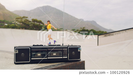 Music, park and woman rollerskating with a stereo for fitness, training and learning in Norway. Freedom, practice and girl skating for exercise with a radio for motivation, fun and skate cardio 100120926