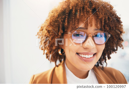 Optometry, glasses and portrait of black woman vision, eye care and happy customer with new lens frame. Young client or person, prescription specs, eyes healthcare and blue reflection or anti glare 100120997