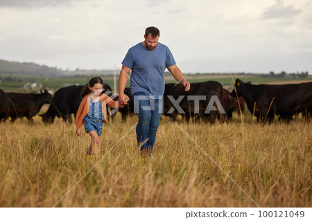 Farmer father, child or family with cows on a farm, grass field or countryside. Sustainability or environmental dad and girl with cattle in background for meat, beef or agriculture growth industry 100121049