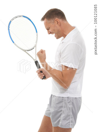 Tennis sports, winner and celebration of man in studio isolated on white background. Winning competition, achievement and mature male athlete with racket celebrating goals, targets or success victory 100121085